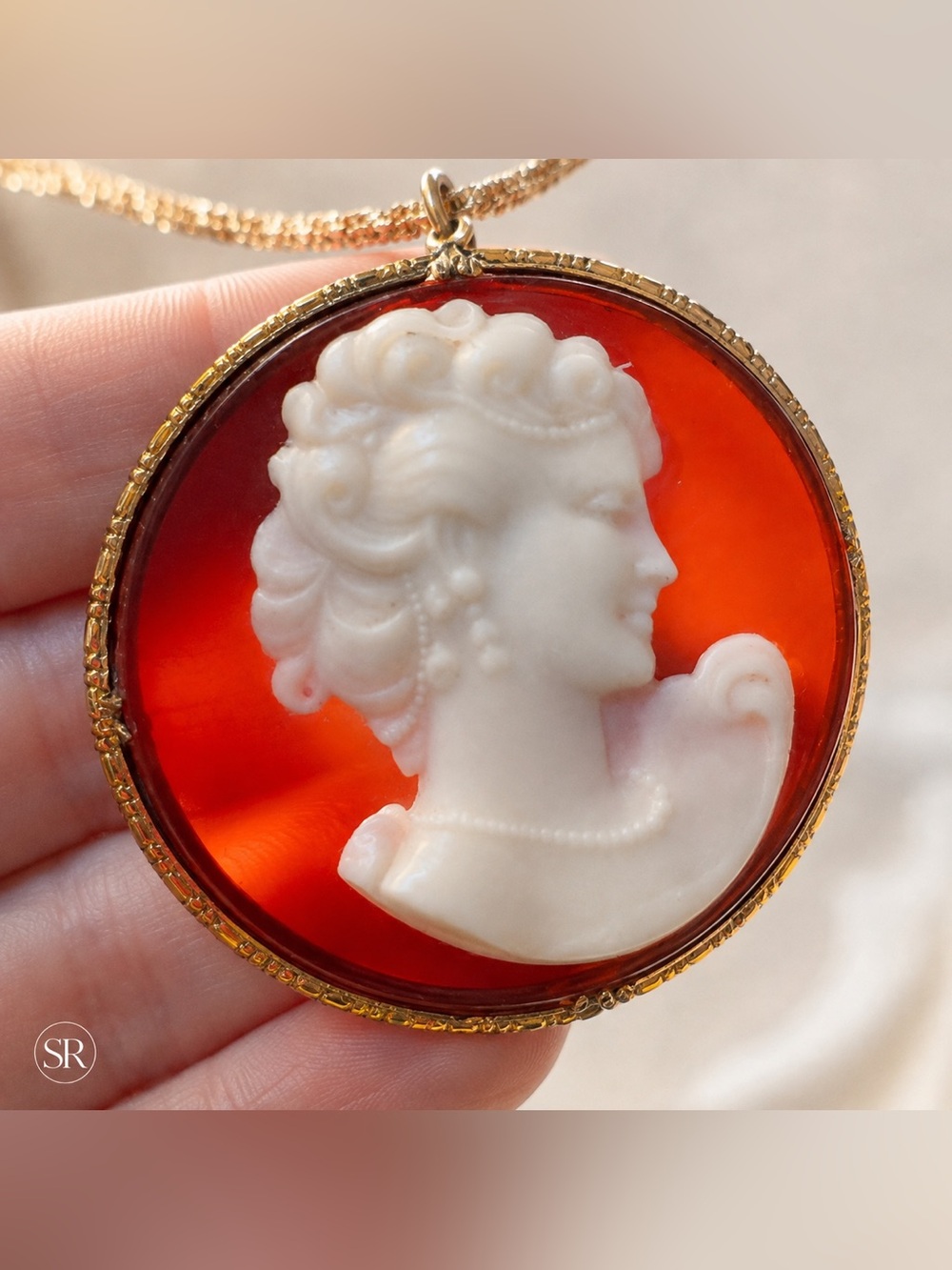 VTG Large Transparent Red Amber Resin Cameo Pendant Necklace Right Facing 2”